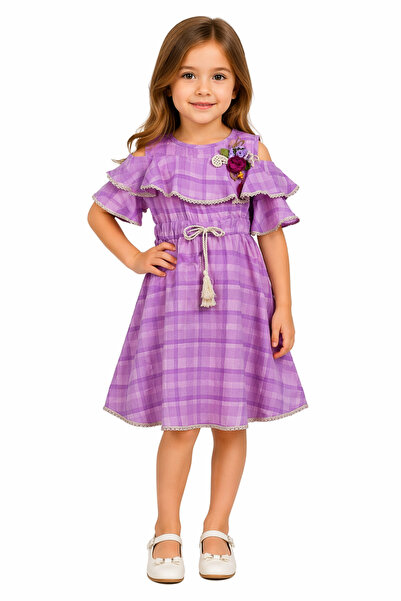 İrem Çocuk Giyim Girl's Plaid Patterned Shoulder Detailed Floral Lined Midi L...
