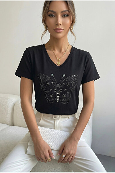 MetuCA Women's Black V-Neck Butterfly Beaded and Sequin Embroidered Cotton T-...
