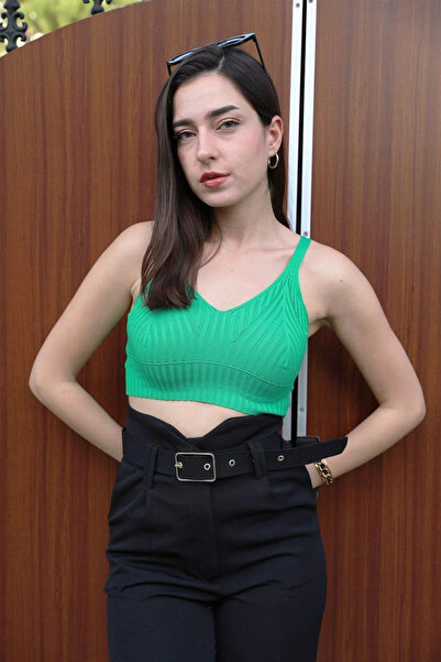 VELİZADE Women's Green V-Neck Strappy Openwork Camisole Knitted Ribbed Look C...