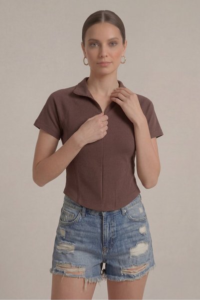 Lavix Brown Women's Crop T-Shirt Zippered Half Turtleneck Slim Fit Stretchy Bodysuit