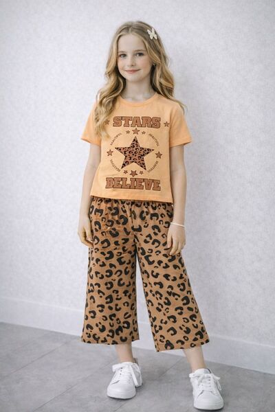 wees mod Kız Çocuk Yıldız Baskılı Leopar Desenli Takım