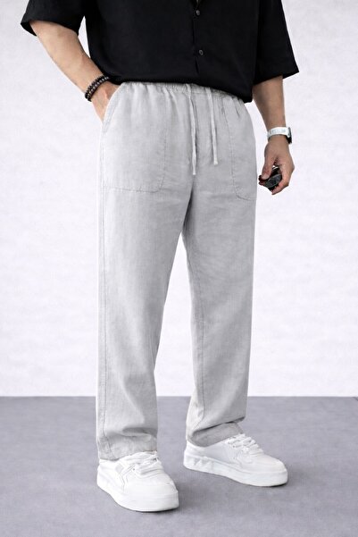 BM BALANCEMODA Ανδρικό άνετο καλοκαιρινό γκρι φαρδύ παντελόνι Λινό