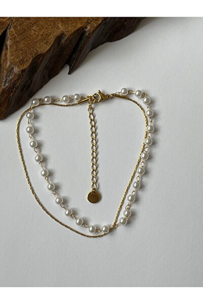 Rupen Kraft Pearl Detailed Steel Anklet Double Chain Steel Anklet