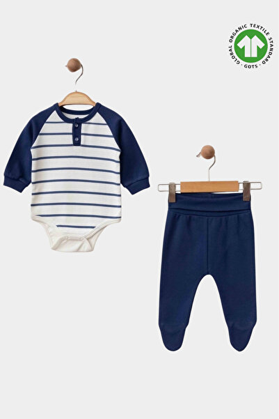 Navy Stripe Premium Organik Pamuk Body&Ayaklı Pantolon Takımı