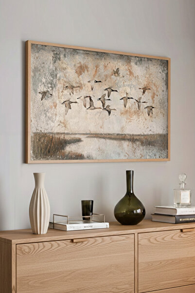 STARYUNA Ξύλινος Πίνακας με Ξύλινο Πλαίσιο με Ιπτάμενα Πουλιά και Αφηρημένο Τ...