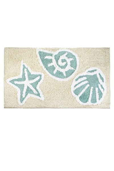 OEM Χαλάκι Μπάνιου, Σχέδιο Αστερία και Κοχύλια, Βαμβακερό, Μπεζ/Πράσινο, 75x4...