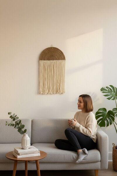 ANJEAHOME Larisa El Yapımı Hasır Makrome Duvar Süsü 34x60 cm Bej | Bohem Deko...