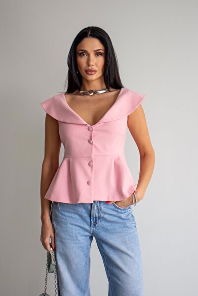 Narin Studios Γιλέκο Πέπλουμ με γιακά Μαντόνα σε ροζ χρώμα