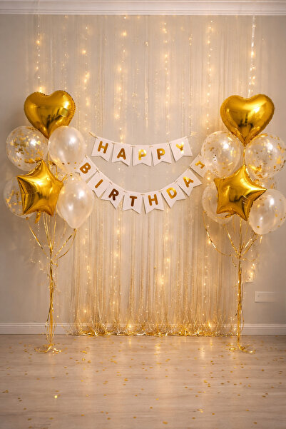 Yetişkin Doğum Günü Seti Gold Beyaz Happy Birthday Banner Folyo Balon Parti Seti