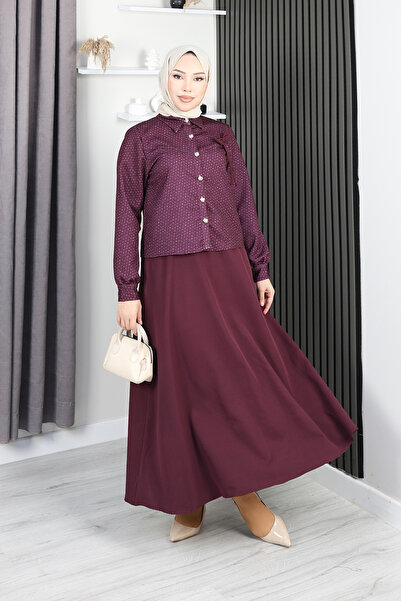 PIOVE Women's Hijab Two-Piece Set – Long Dress with Patterned Shirt Detail