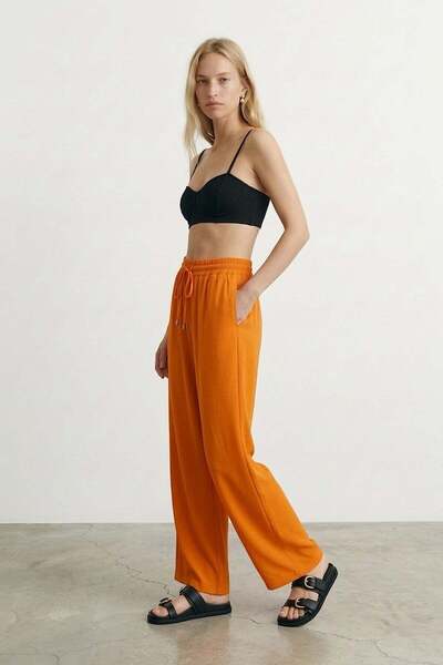 Quzu Elastic Waist Wide Leg Trousers Orange