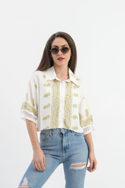 VELİZADE Women's Khaki Vintage Patterned Polo Collar Short Viscose Shirt with...