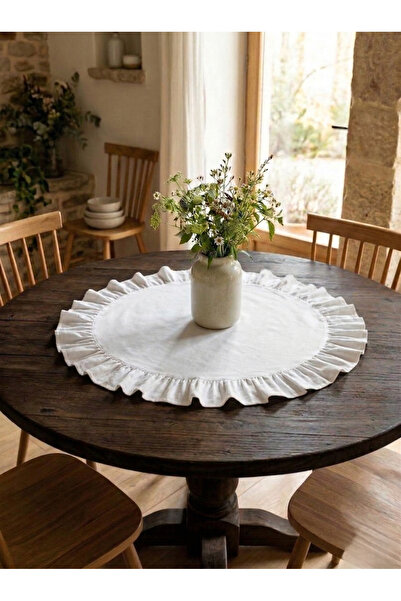 Lilza Home Bohem Fırfırlı Yuvarlak Beyaz Runner 60 cm