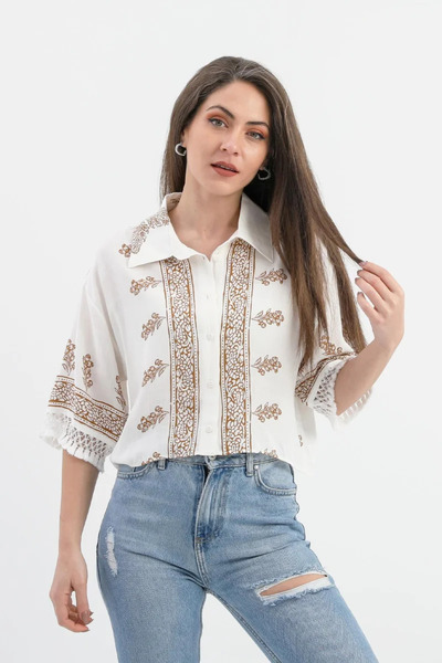 VELİZADE Women's Brown Vintage Patterned Polo Collar Short Viscose Shirt with...