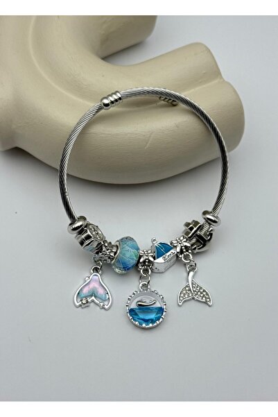 LemonShop Çelik Silver Taşlı Mavi Balık Charmlı bileklik