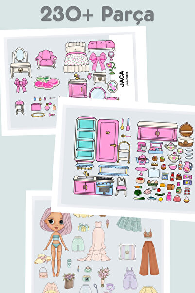 JACA Paper Doll Kes-Yapıştır-Oyna Mega Set 230+ Parça Kız Giydirme Ev Tasarla...