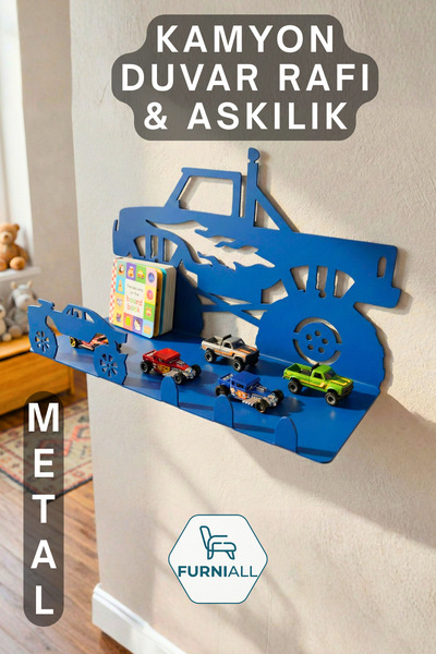 Furniall Metal Monster Truck Dev Kamyon Çocuk Odası Rafı Ve Elbise Askılığı -...