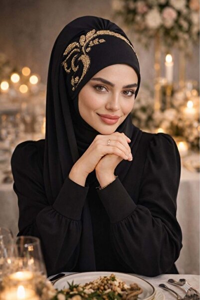 Aişe tesettür Siyah Gold Motif Simli Abiye Şal