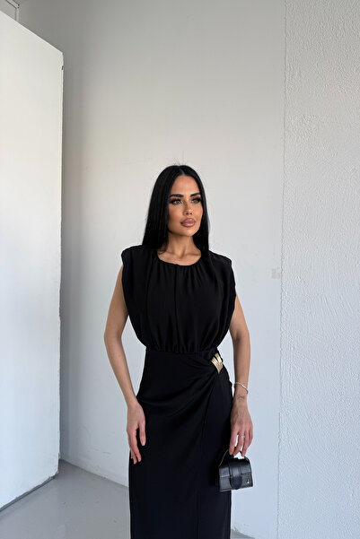 KAMACI BUTİK BİSİKLET YAKA TOKA DETAYLI DRAPELİ ELBİSE