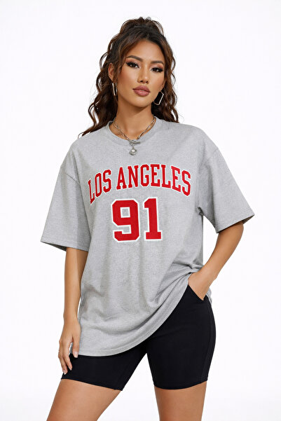 Lizbon Style Γυναικείο μπλουζάκι σε γκρι χρώμα Oversize Los Angeles 91 με στά...