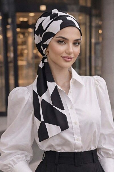 Aişe tesettür Μαύρο και λευκό γεωμετρικό εμπριμέ μαντήλι-μπονέ
