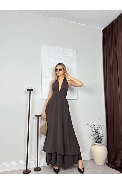 Miss Beyoğlu Γυναικείο μακρύ φόρεμα Paris με δέσιμο στο λαιμό και ανοιχτή πλάτη