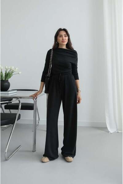 Havoş Μαύρο Σετ Παντελόνι και Μπλούζα με Λαιμόκοψη Sion Kayık