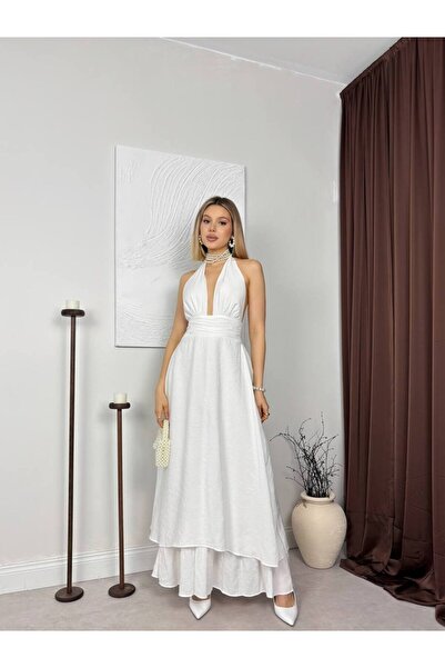 Miss Beyoğlu Γυναικείο μακρύ φόρεμα Paris με δέσιμο στο λαιμό και ανοιχτή πλάτη