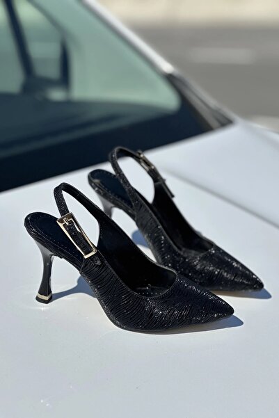 topuksarayı Tao siyah simli sivri burun slingback ince topuk kadın topuklu ay...