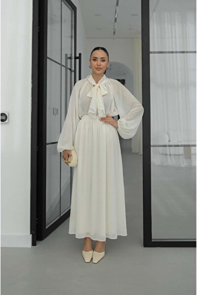 Havoş Σετ μπλούζας και φούστας από ύφασμα εκρού με τσαλακωμένο σχέδιο