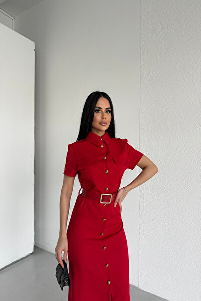 KAMACI BUTİK GÖMLEK YAKA GOLD DÜĞMELİ ELBİSE