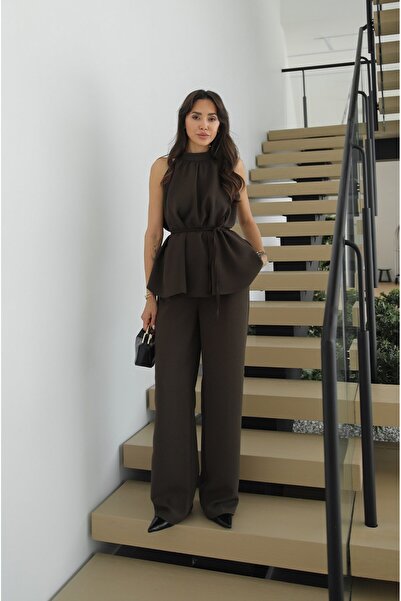 Havoş Καφέ Σετ Μπλούζας και Παντελονιού με Λεπτομέρεια Δέσιμου Pelas