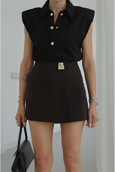 Havoş Brown Gold Brooch Detailed Short Skirt