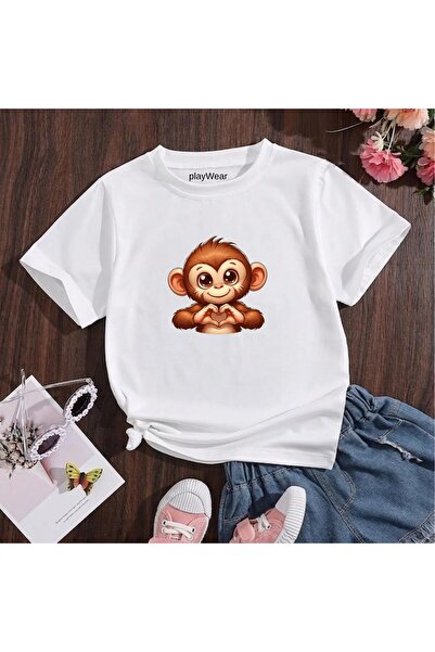 playwear Παιδικό unisex μπλουζάκι με στάμπα Heart Making Monkey, 100% βαμβακε...