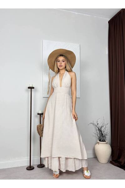 Miss Beyoğlu Γυναικείο μακρύ φόρεμα Paris με δέσιμο στο λαιμό και ανοιχτή πλάτη