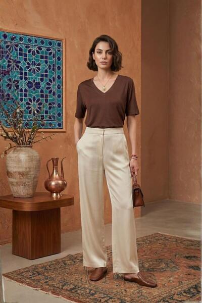 Betimoda Women's Deep V-Neck Short Sleeve Stretchy Viscose Bodysuit Brown