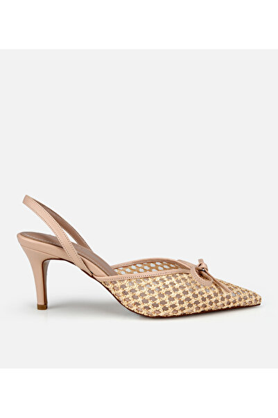 Hotiç Γυναικείο μπεζ ψάθινο φιόγκο με λεπτομέρειες και χαμηλό τακούνι στιλέτο