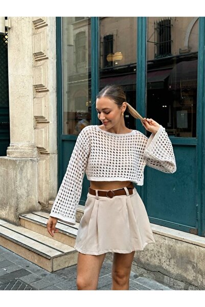 POİNE Κρεμ διάτρητη διχτυωτή κοντή καλοκαιρινή πλεκτή μπλούζα με τρύπες