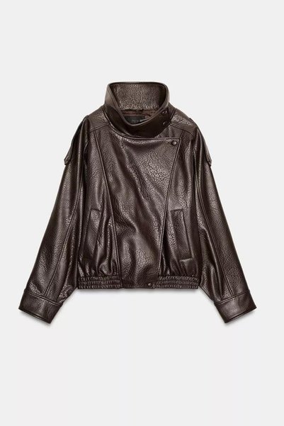 PRİFALDİ Zr Stand Collar Textured Women's Brown Faux Leather Jacket