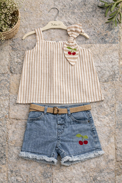 MİNİK DÜŞLER Set bluză cu dungi și pantaloni scurți din denim pentru fete