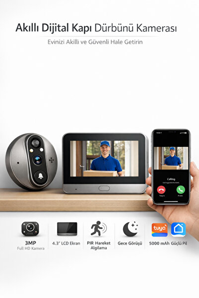 Yellowtech Akıllı Kapı Dürbünü Kamerası 4.3 İnç Ekranlı Gece Görüşlü PIR Sens...