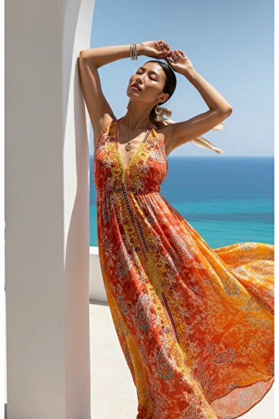 laviyonsa Φόρεμα με έθνικ σχέδια και μεταξωτό κέντημα στην πλάτη (34-48)STD