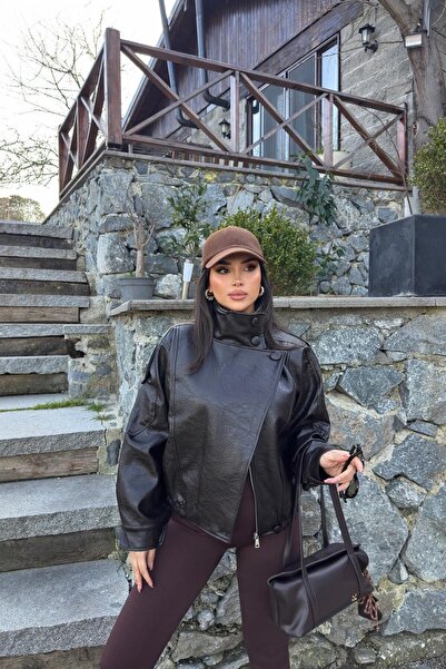 PRİFALDİ Γυναικείο μπουφάν από συνθετικό δέρμα σε καφέ χρώμα με υφή και γιακά...