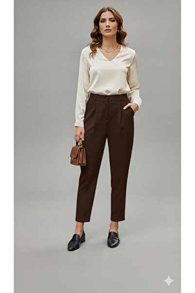 Brown High Waist Ultra Flexible Lycra Carrot Pants - Comfortable Office Pants with Fabric Look