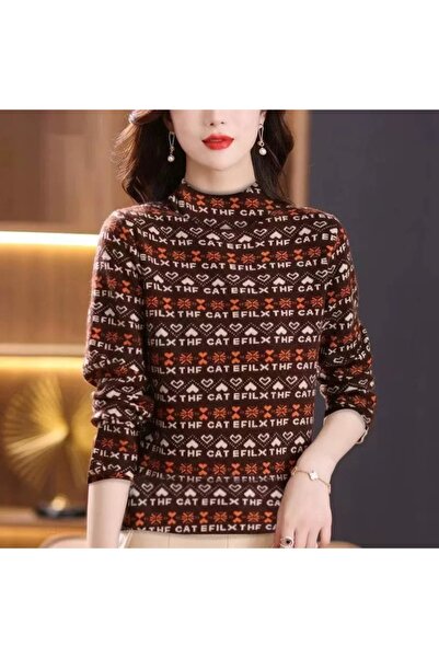 FASHION Stylish Printed Full Sleeve High-Neck Knit Top for Women