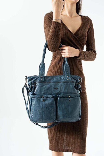 571 Collections Çanta Δερμάτινη τσάντα πολλαπλών θέσεων, ώμου και χειρός, μπλ...