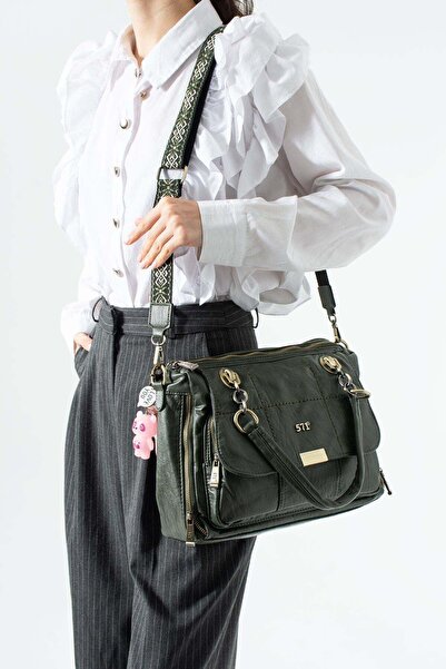 571 Collections Çanta Πλυμένη δερμάτινη τσάντα ώμου με πολλές τσέπες, πράσινο...