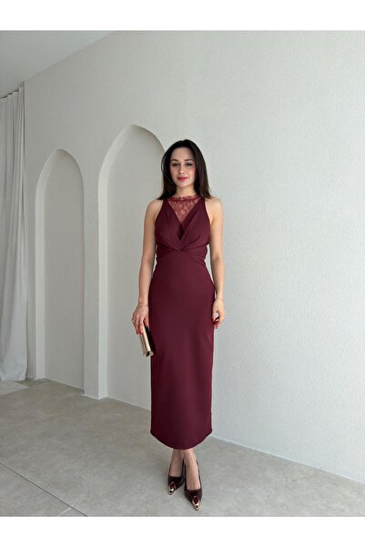 Mooi Butik EPHRON Φόρεμα Μίντι με Δαντέλα 7483 - Βουργουνδί