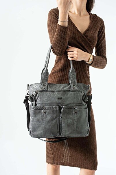 571 Collections Çanta Δερμάτινη τσάντα πολλαπλών θέσεων, ώμου και χειρός, γκρ...