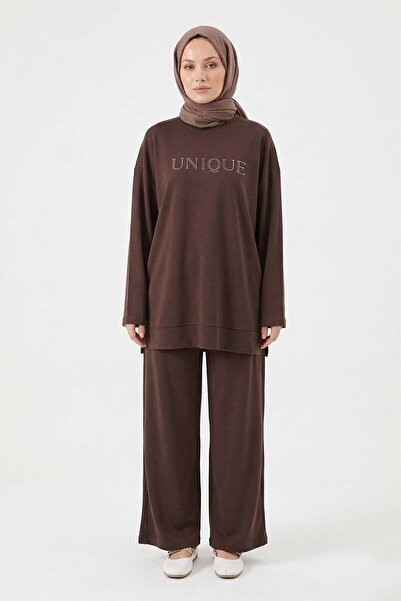 Lale Butik Tonaton High Printed Stone Detailed Trousers Suit 17146 Bitter Brown